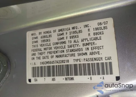 2007 Honda Accord 2.4 Lx from USA, damaged, VIN 1HGCM56457A228218